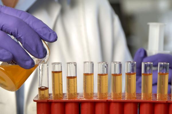 Photograph of scientist pouring colored liquid into row of test tubes.