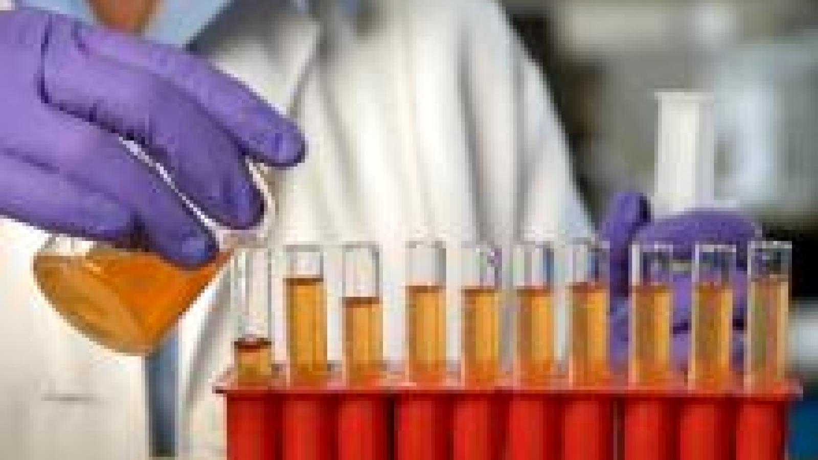 Liquid being poured into test tubes in a chemistry lab